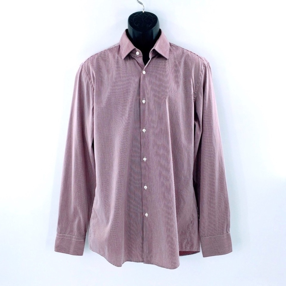 Hugo Boss Mens Dress Shirt Burgundy Striped Slim Fit Janno Italian Cotton Sz 16